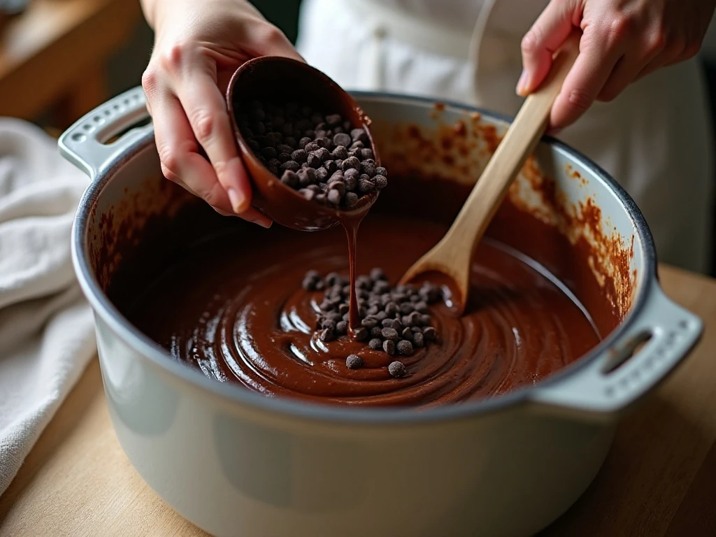 Thick chocolate lava cake batter with chocolate chips before slow cooking
