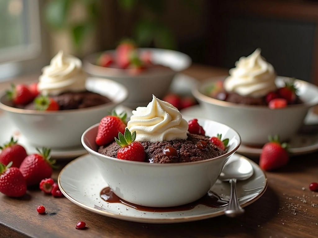 Chocolate lava cake with ice cream, whipped cream, berries, and chocolate sauce