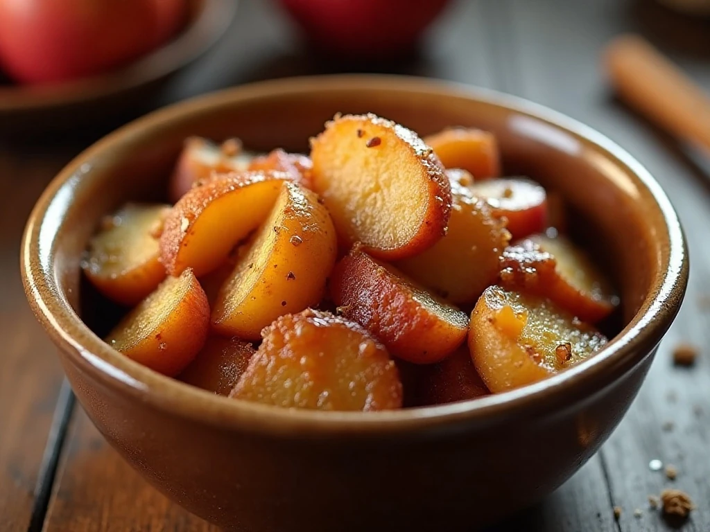 Warm crockpot fried apples in buttery cinnamon brown sugar sauce