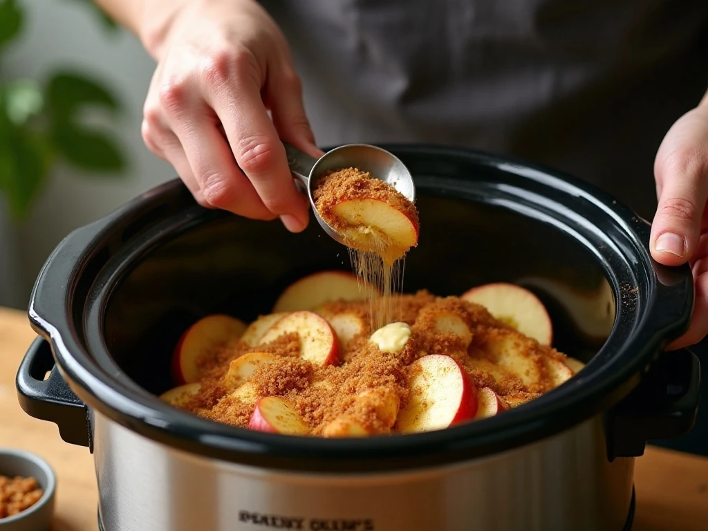 Preparing apples with butter brown sugar and cinnamon in a crockpot