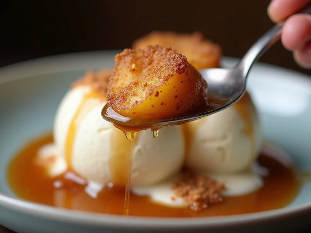Crockpot fried apples served over vanilla ice cream