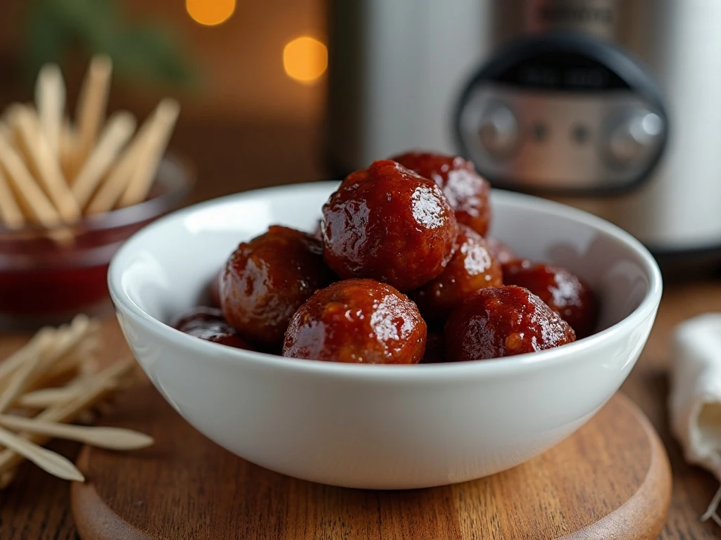 Crockpot grape jelly meatballs served as a glossy party appetizer