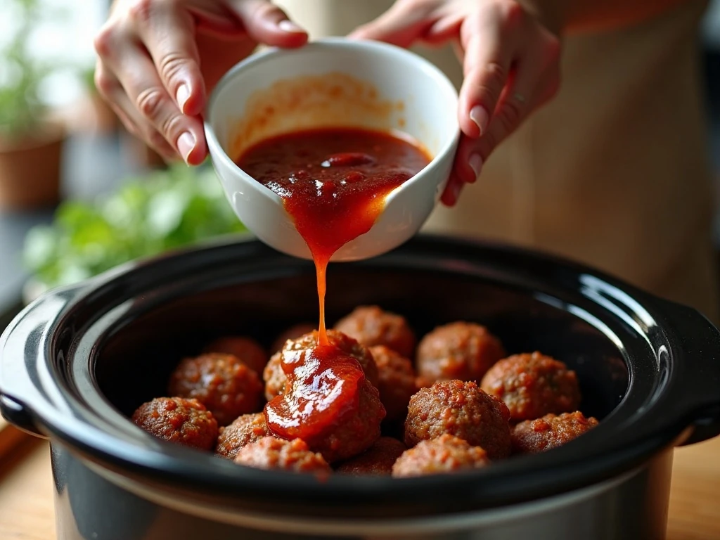 Mixing grape jelly and chili sauce for slow cooker meatballs