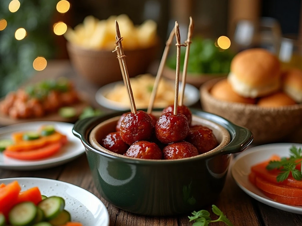 Grape jelly meatballs arranged for a party buffet