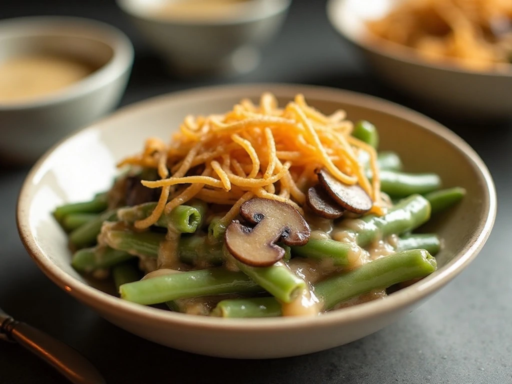 Creamy crockpot green bean casserole topped with golden crispy onions
