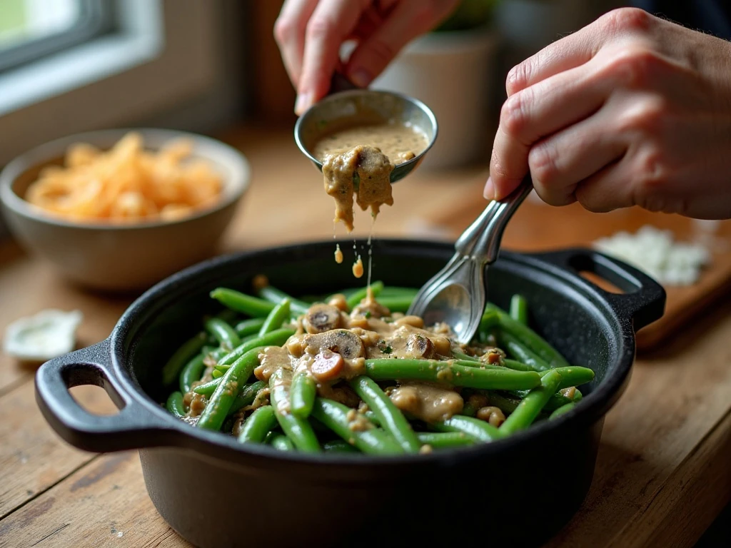 Green beans coated in creamy sauce in a crockpot