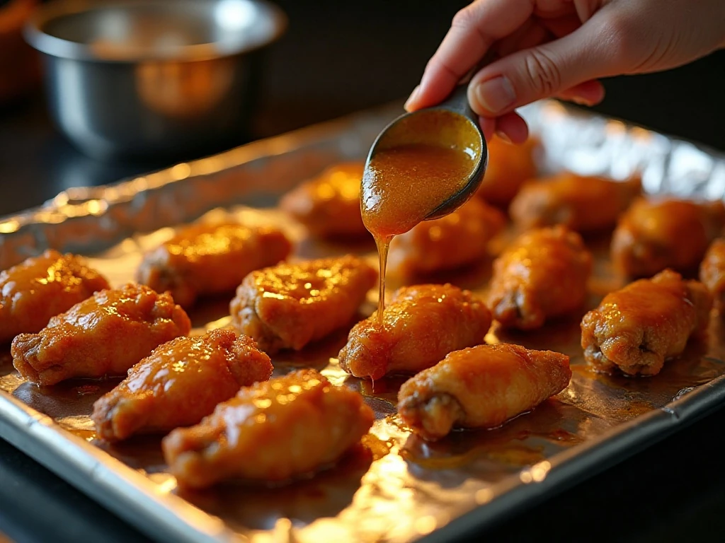 Brushing sauce onto cooked wings before broiling
