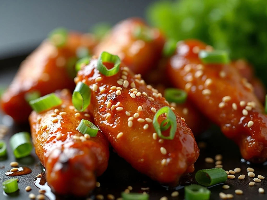 Sesame seeds and green onions garnishing honey garlic wings
