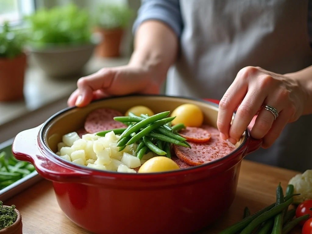 Layering kielbasa, potatoes, and green beans in a slow cooker