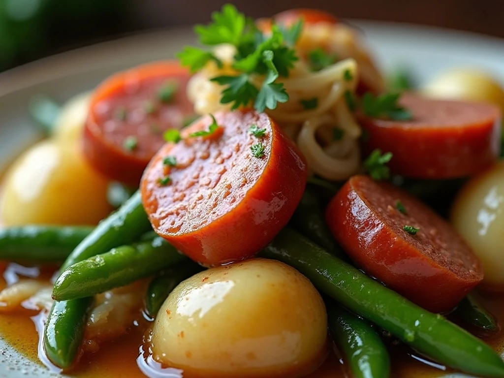 Close-up of crockpot kielbasa and green beans with parsley