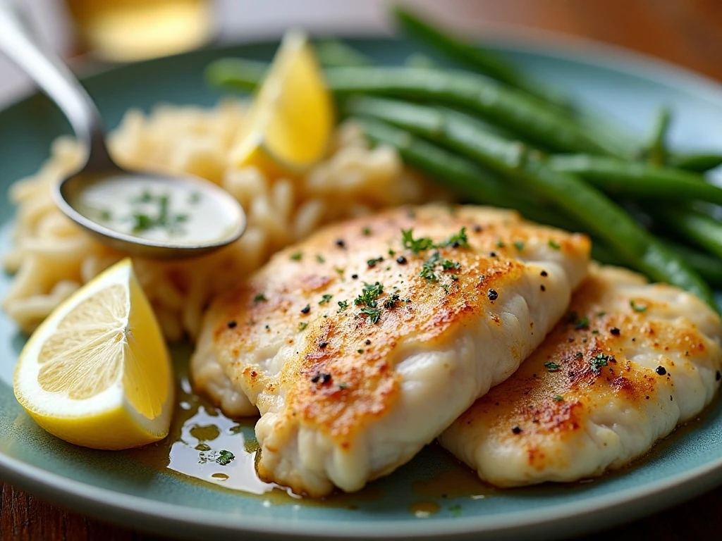 Crockpot lemon pepper chicken served with rice and green beans