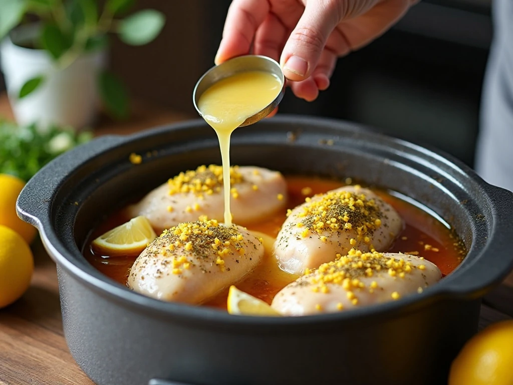 Seasoned chicken and lemon ingredients arranged in a slow cooker