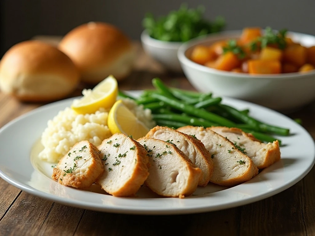 Lemon pepper chicken dinner with potatoes vegetables and rolls