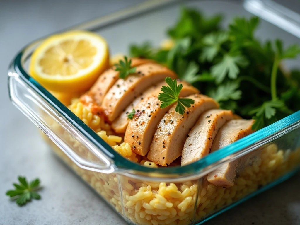 Stored lemon pepper chicken with cooking juices for meal prep