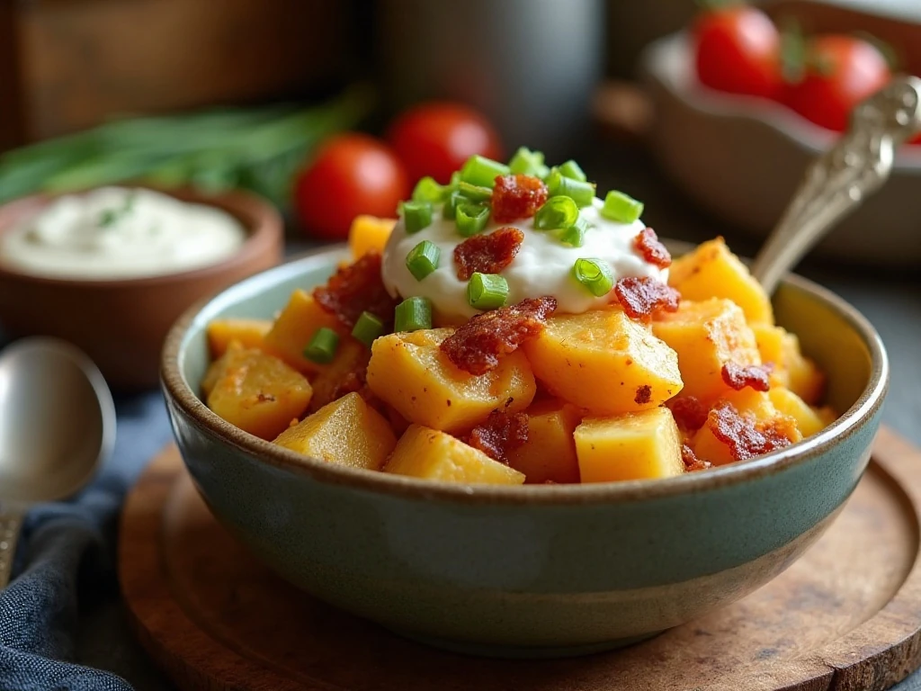 Crockpot loaded potatoes with bacon, cheddar, sour cream, and green onions
