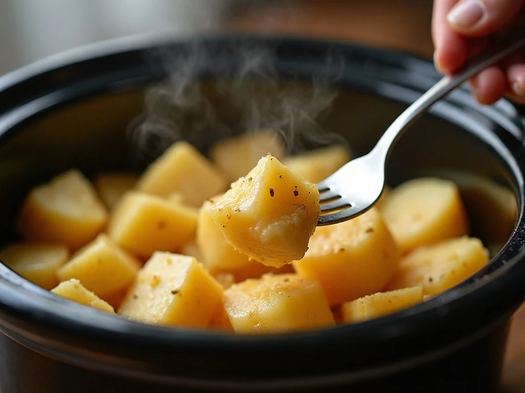 Testing crockpot potatoes for fork tenderness