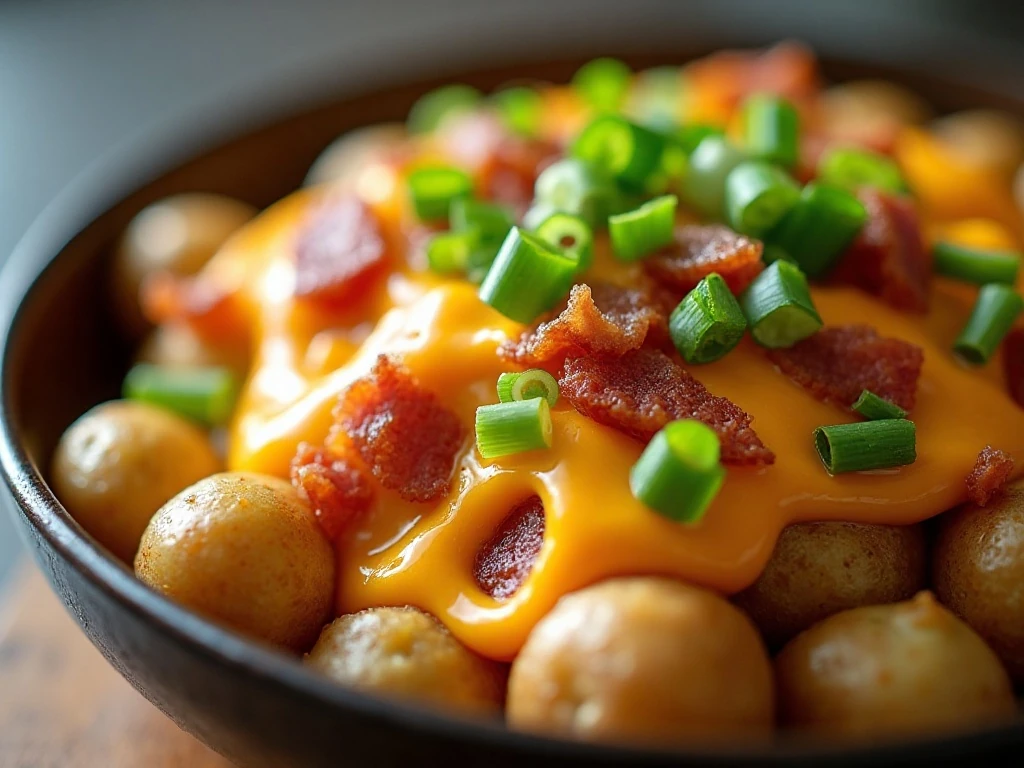 Reheated loaded potatoes topped with green onions and chives