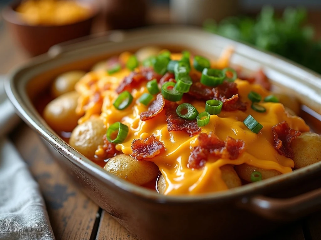 Finished crockpot loaded potato side dish