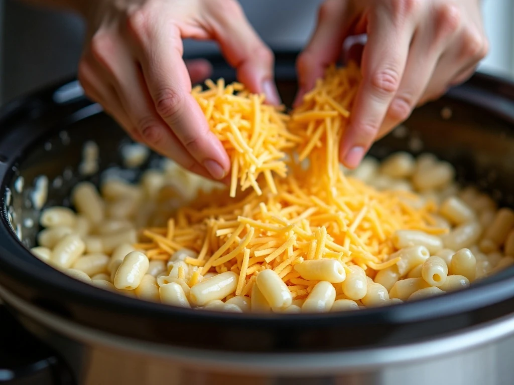 Adding shredded cheese to crockpot macaroni and cheese