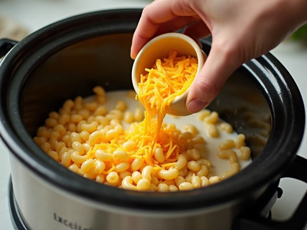 Stirring macaroni and cheese ingredients in a slow cooker