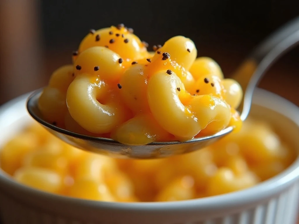 Close-up of creamy leftover macaroni and cheese