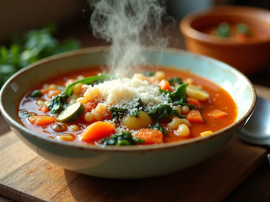 Minestrone soup topped with Parmesan and ready to serve