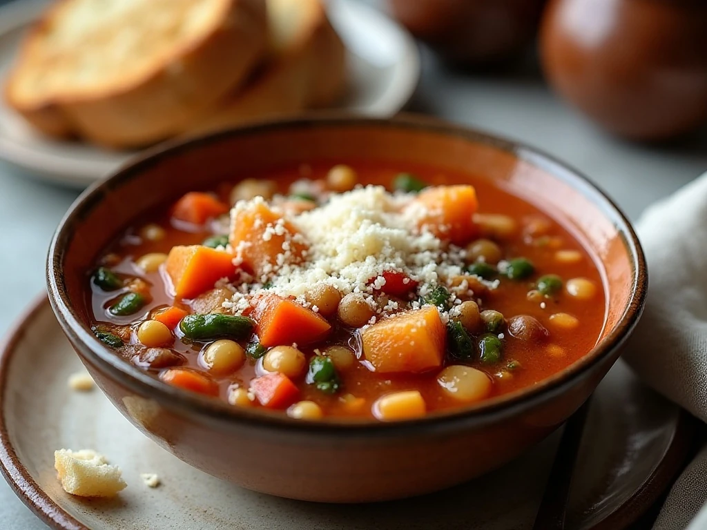Finished bowl of easy crockpot minestrone soup with Parmesan