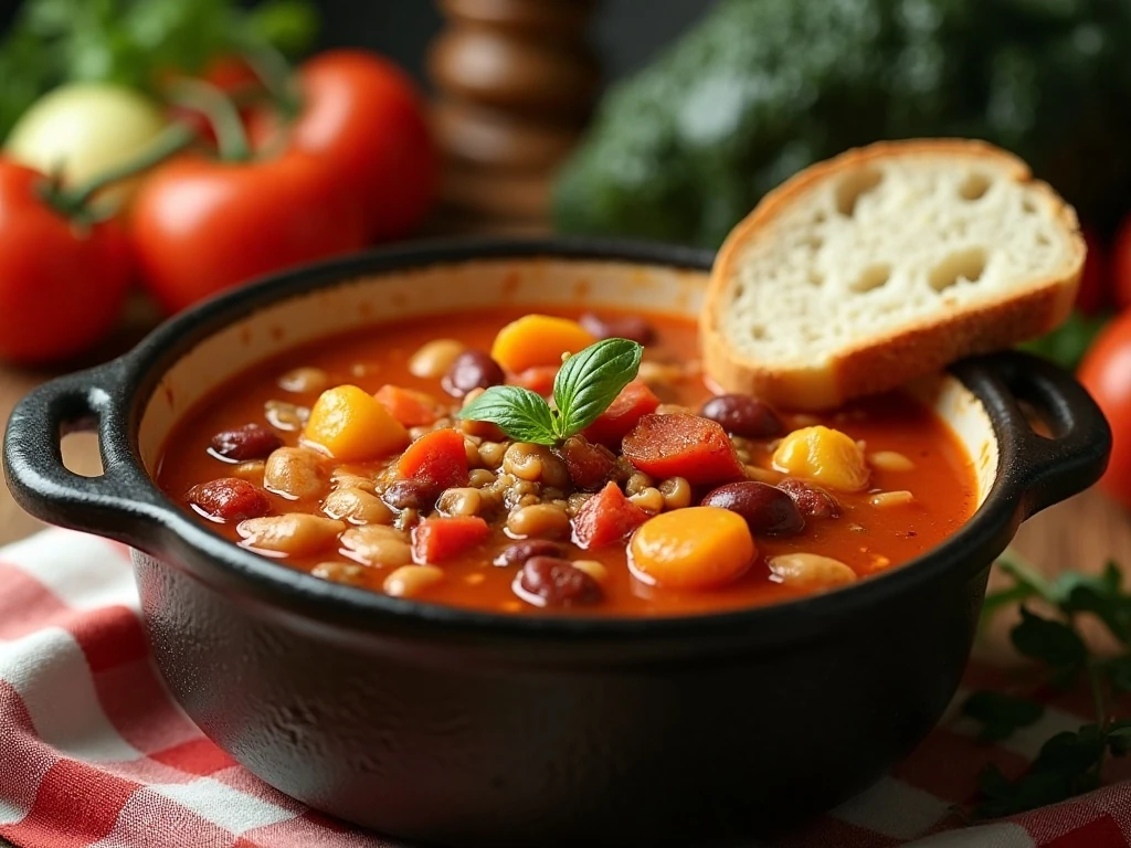 Hearty crockpot minestrone soup with vegetables, beans, and pasta