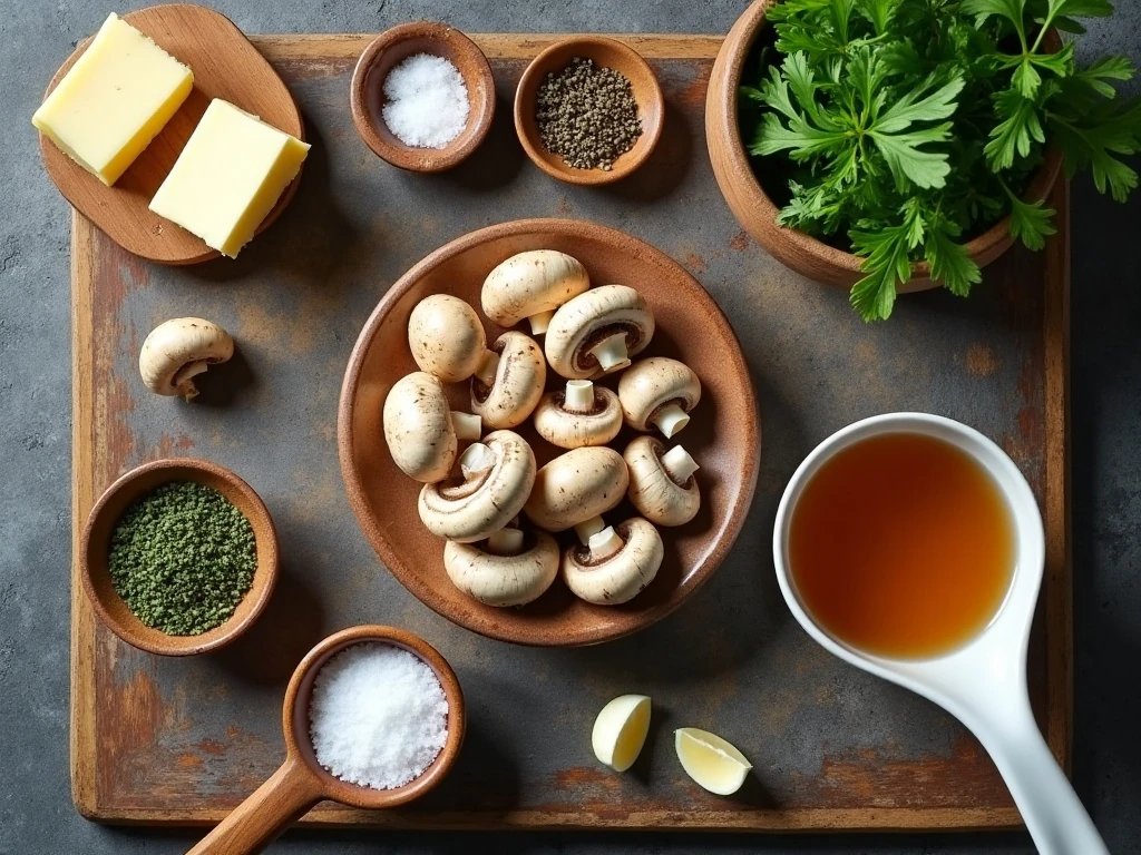 Ingredients for easy Crockpot garlic butter mushrooms
