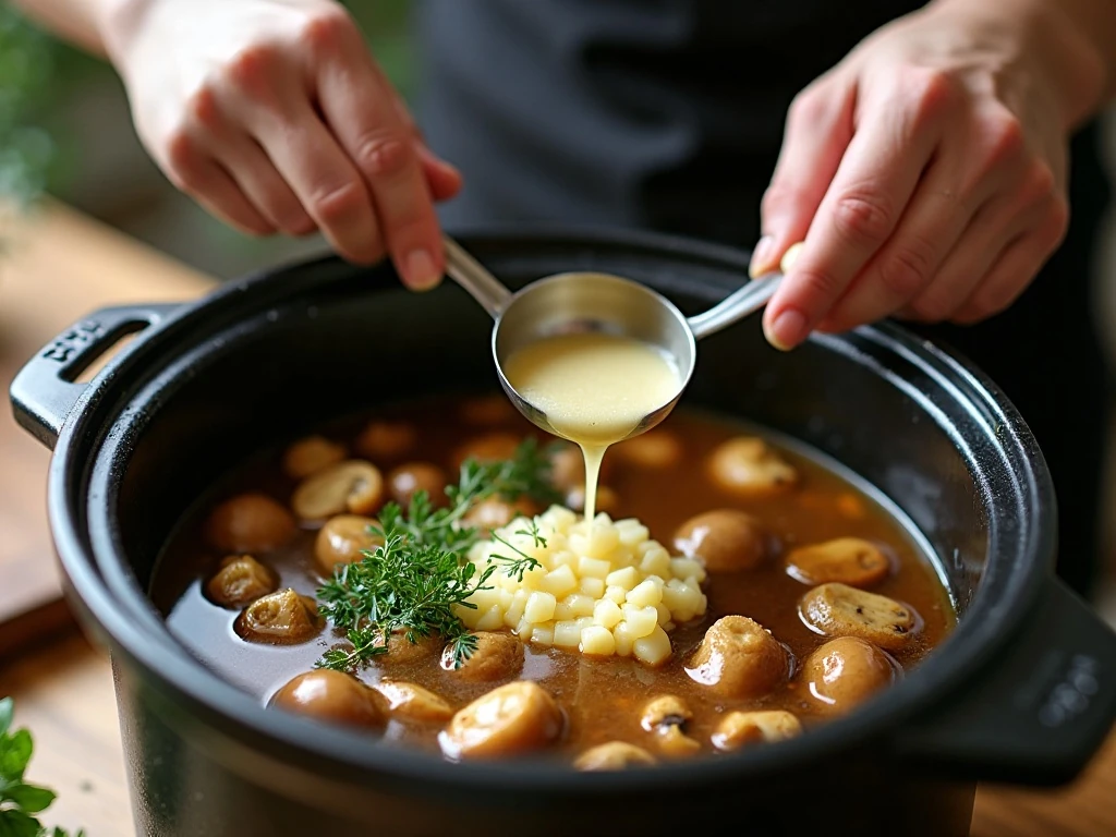 Mushrooms and garlic butter ingredients arranged in a slow cooker