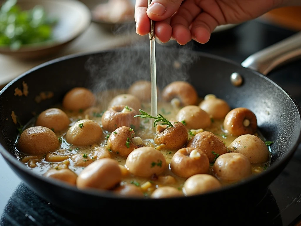 Garlic butter mushroom sauce reducing in a skillet