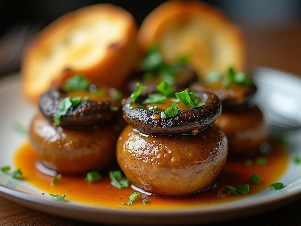 Garlic butter mushrooms garnished with fresh parsley