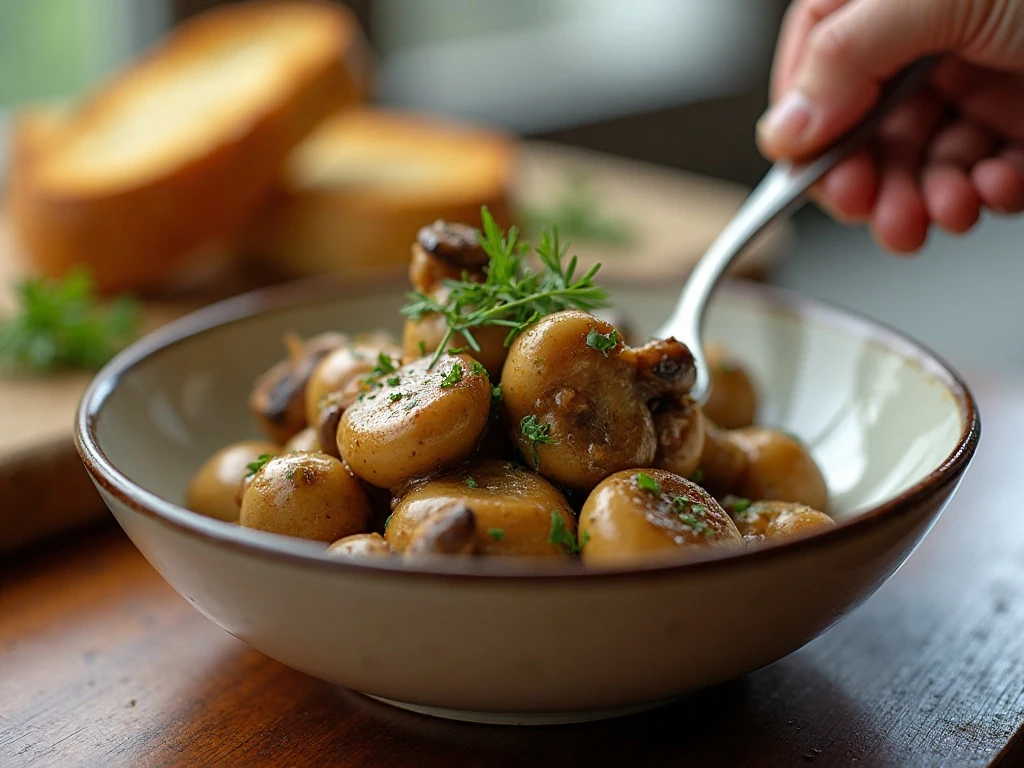 Reheated Crockpot garlic butter mushrooms ready to serve