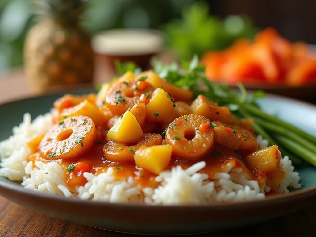 Crockpot pineapple chicken served with rice and vegetables