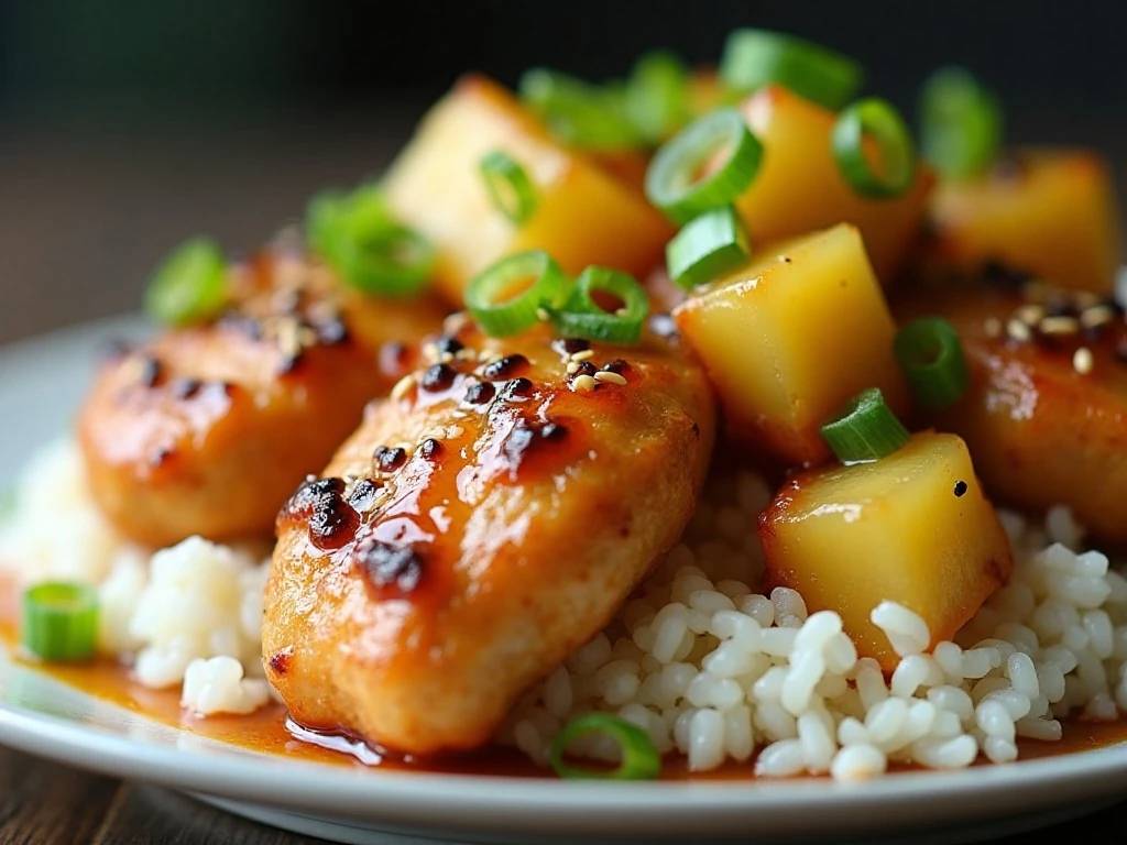 Pineapple chicken garnished with green onions and sesame seeds