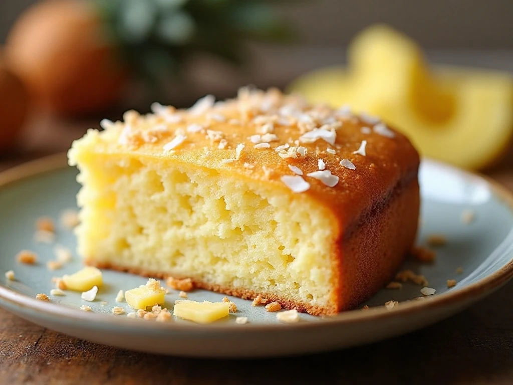 Warm slice of crockpot pineapple coconut cake served on a plate