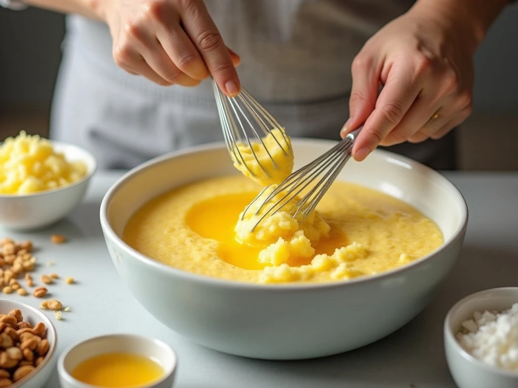 Mixing pineapple coconut cake batter before slow cooking