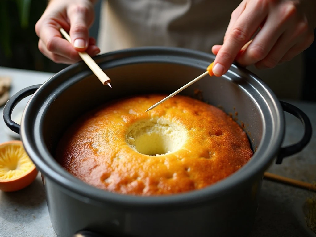 Checking the center of a slow cooker cake for doneness