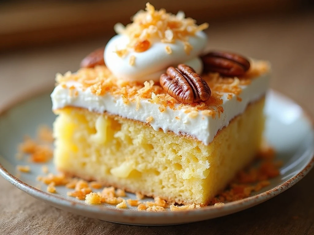 Pineapple coconut cake with whipped cream toasted coconut and glaze