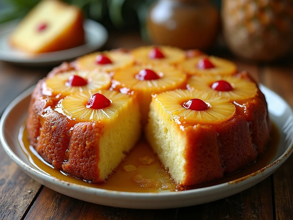 Golden crockpot pineapple upside-down cake with pineapple rings and cherries