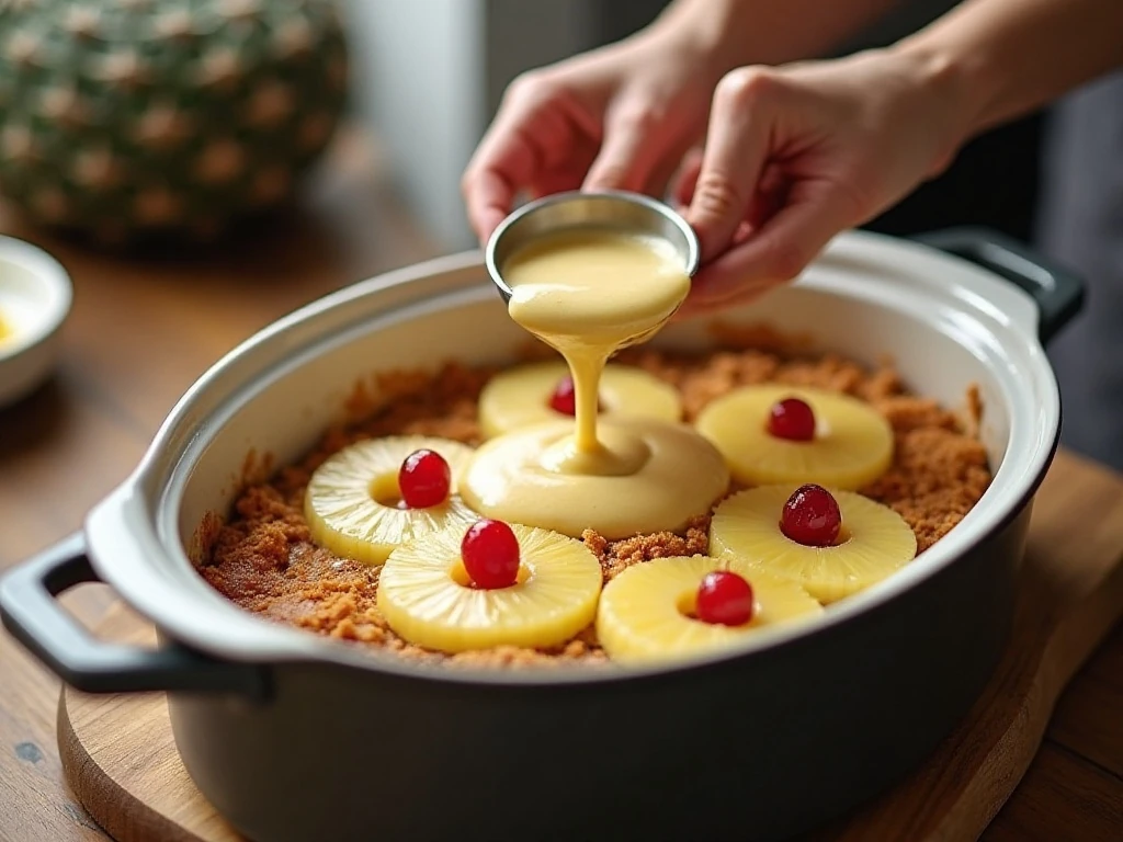 Cake batter spread over pineapple and cherries in a slow cooker