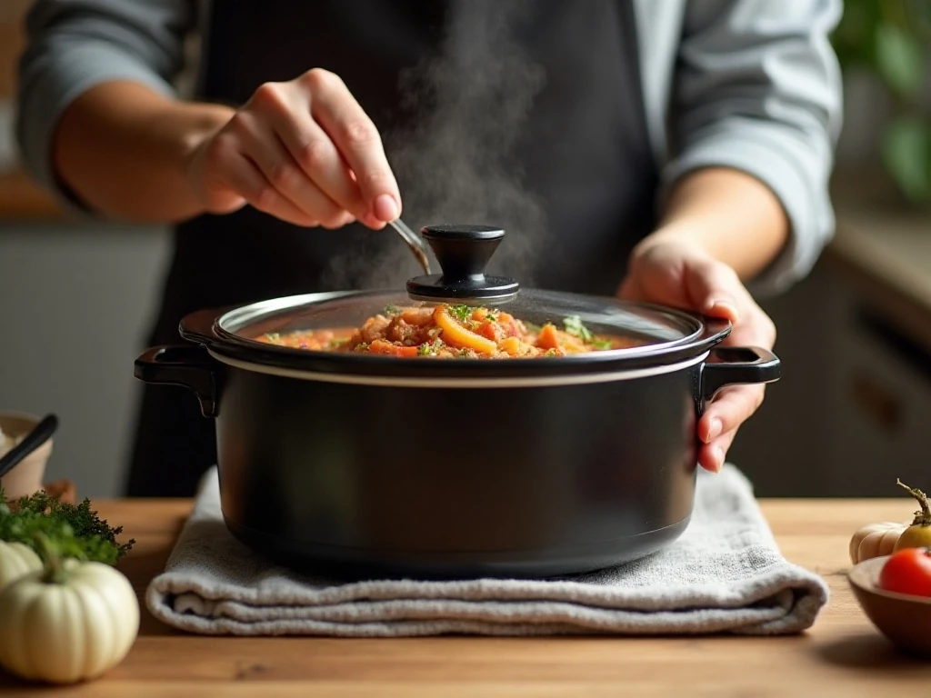 Clean towel placed beneath slow cooker lid to reduce condensation