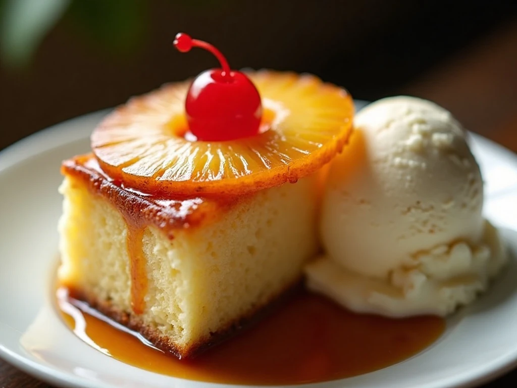 Slice of pineapple upside-down cake served with vanilla ice cream