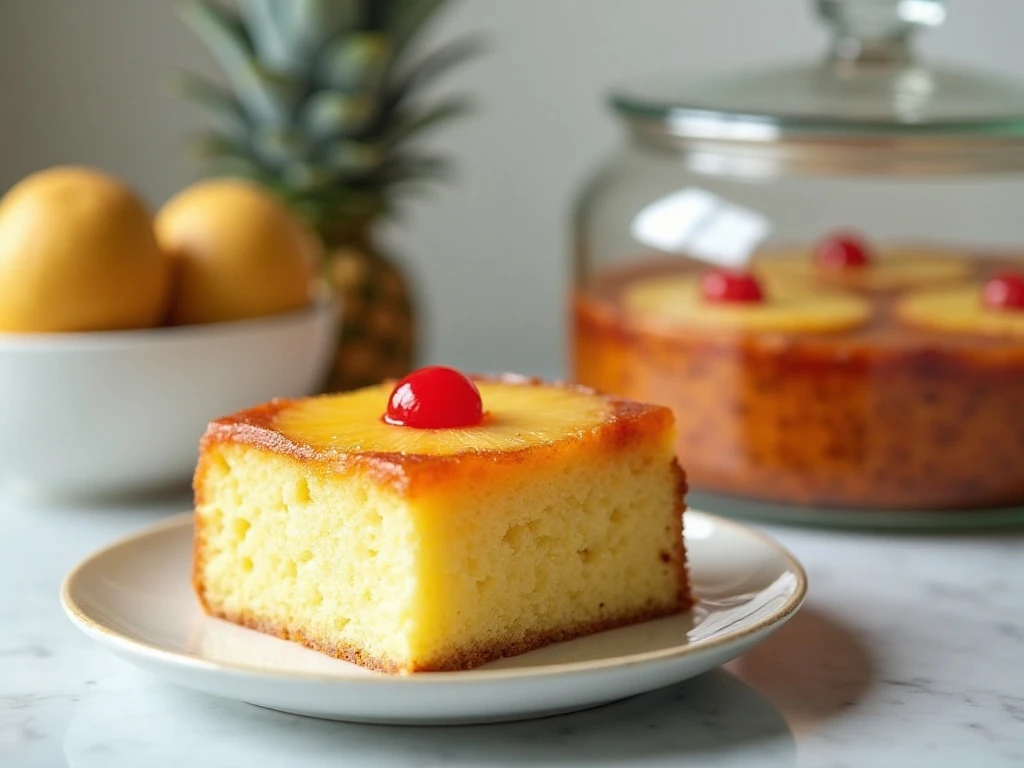 Stored slice of moist crockpot pineapple upside-down cake