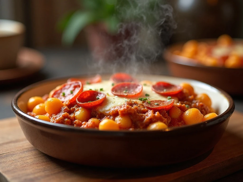 Bowl of cheesy crockpot pizza casserole with rotini and pepperoni