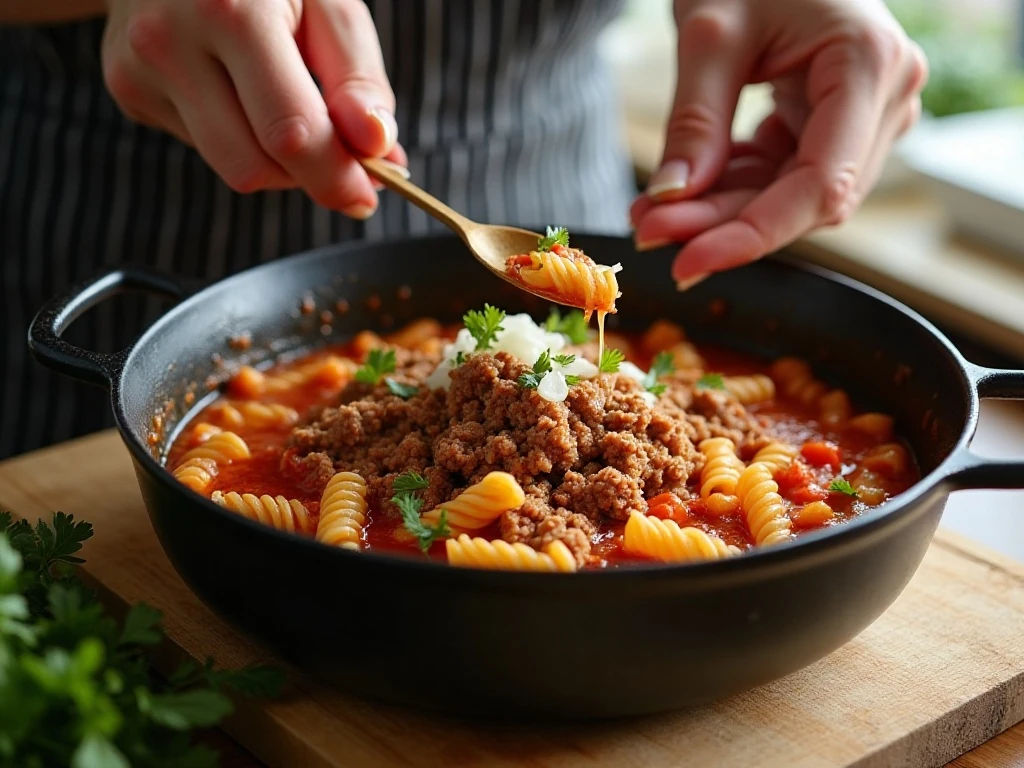 Preparing meat, pasta, and sauce for slow cooker pizza casserole