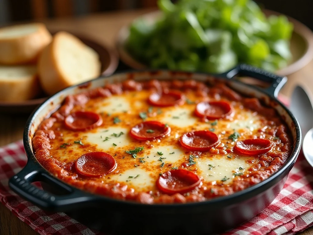 Pizza casserole served with salad and garlic bread