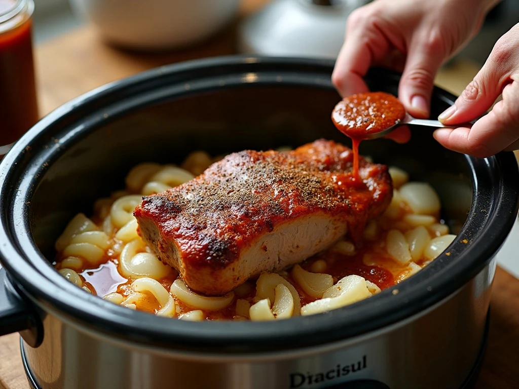 Seasoned pork shoulder and sauce prepared for the crockpot