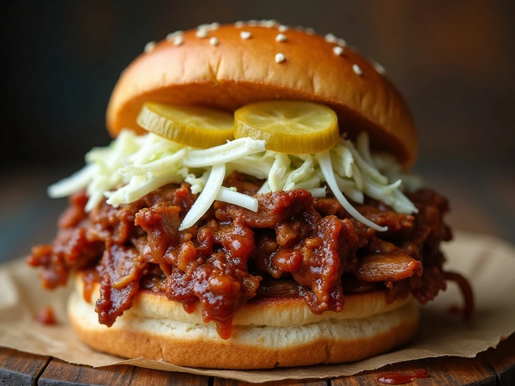 Pulled pork barbecue sandwich with coleslaw and pickles