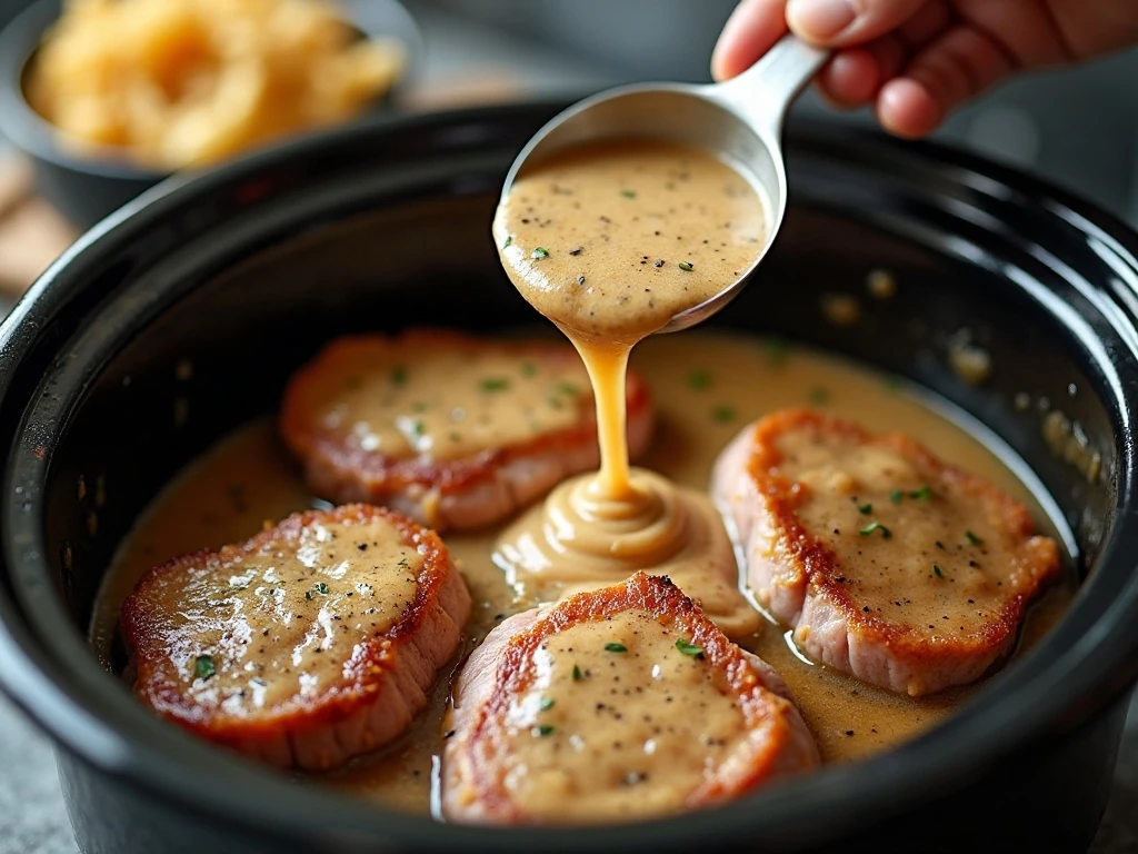 Preparing pork chops and creamy soup mixture in a slow cooker